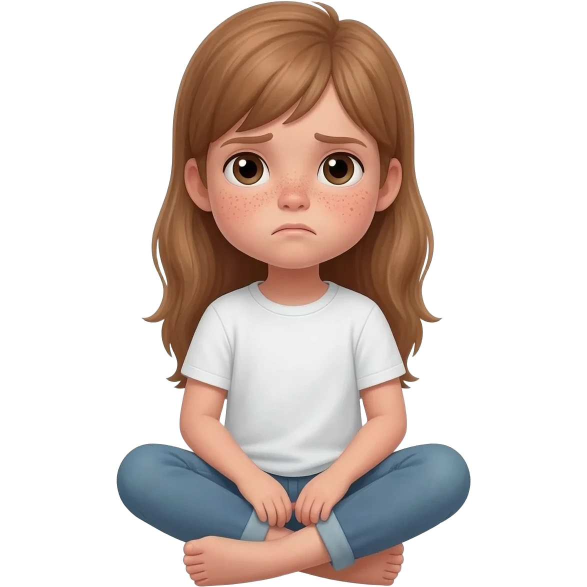 una niño con pelo largo i con pecas, de raza blanca, sentada y aburrida emoji