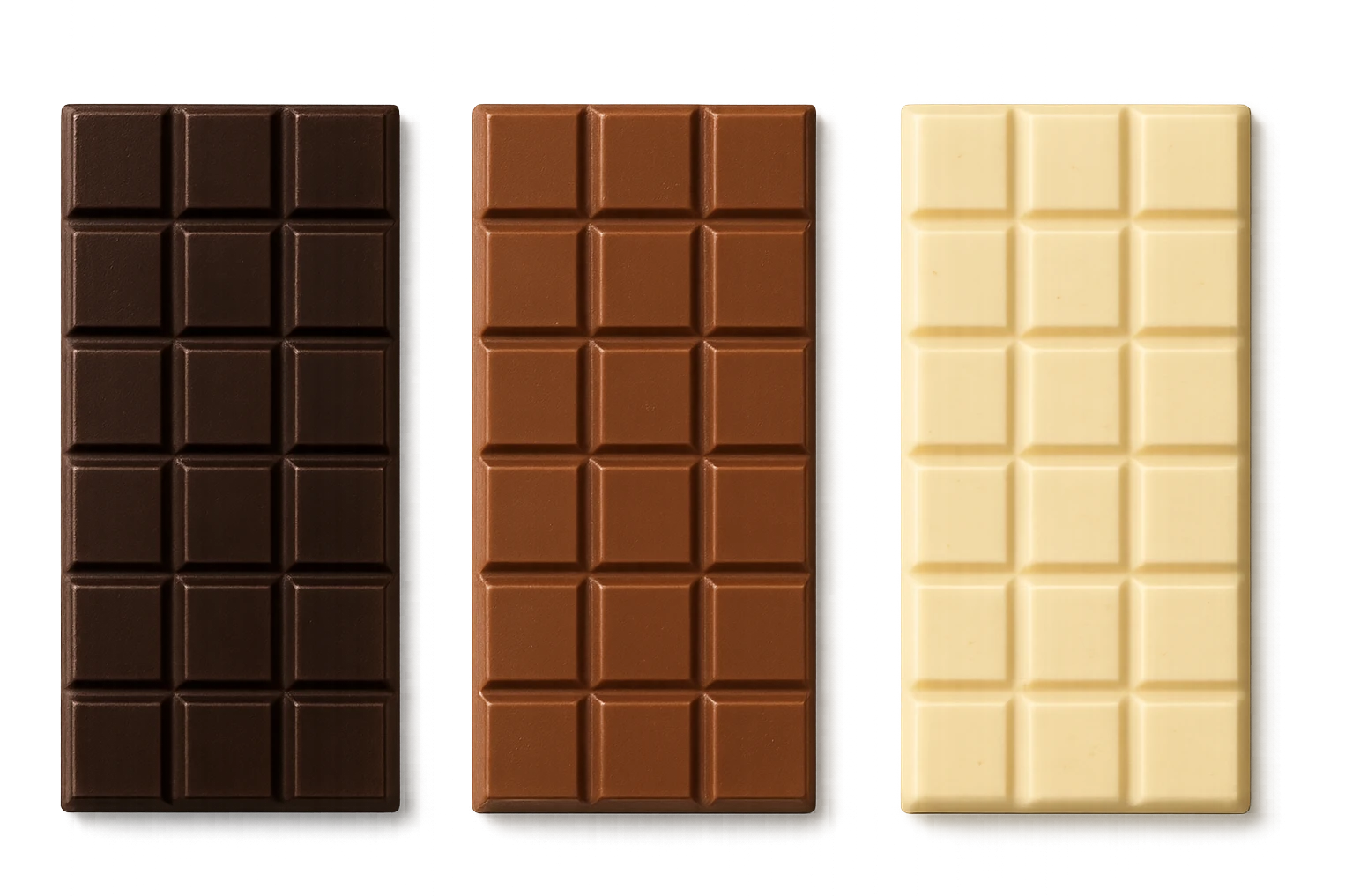 3 BARRETTE DI CIOCCOLATO, UNA FONDENTE, UNA AL LATTE E UNA BIANCA, CON OMBRA REALISTICA, VISTE DALL'ALTO, IPERREALISTICO 4K emoji