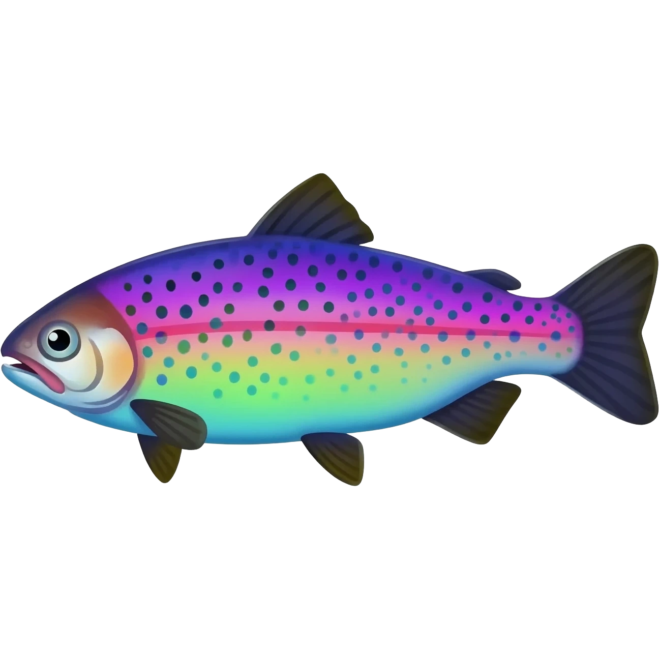 whole rainbow trout fish with spots facing left bright purple blue green yellow white emoji