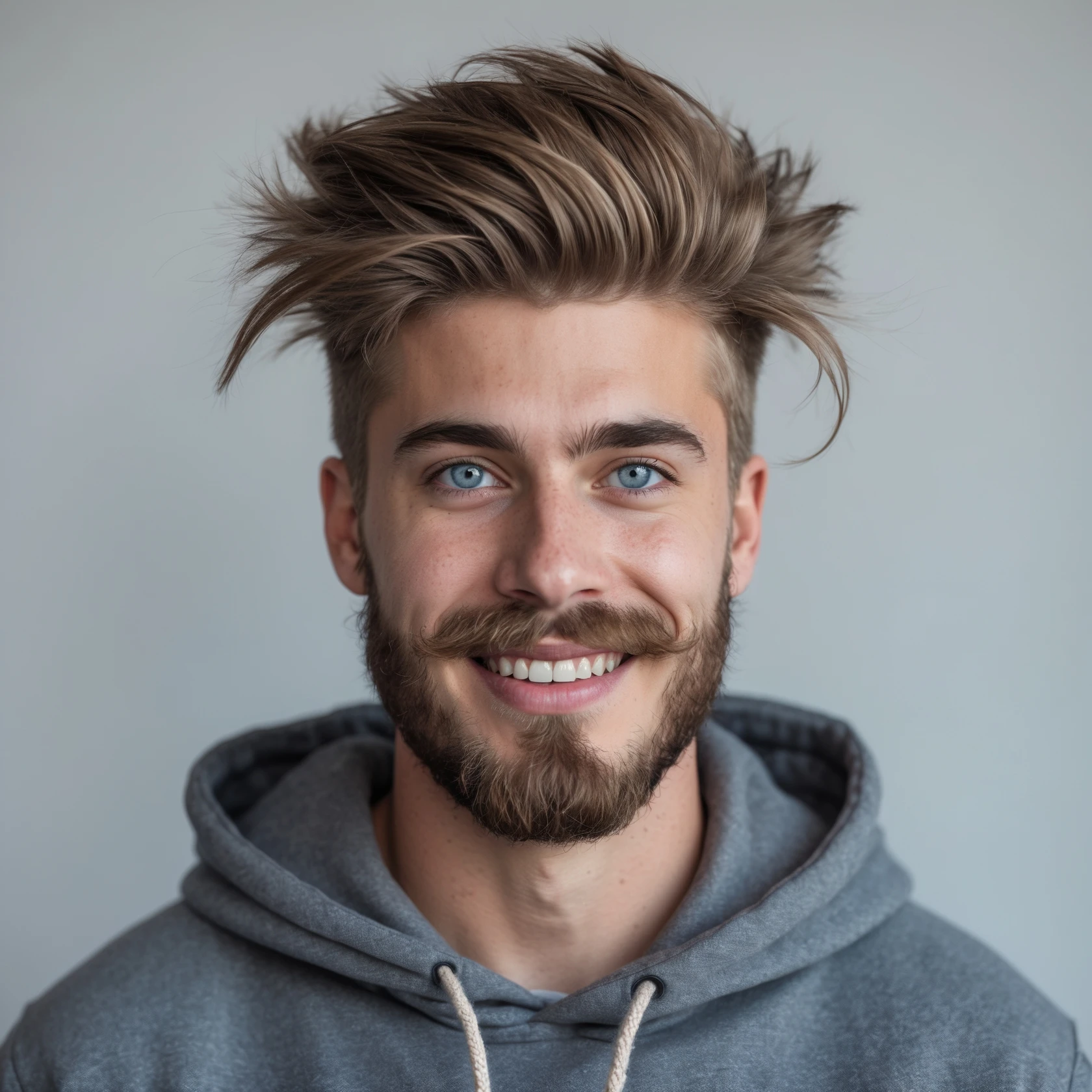 20 year old man, short scruffy beard and thin moustache, brown puffy mullet, blue eyes, big smile, white teeth, big lips, pronounced jaw, hair longer in back, sticking up on top, thin face, grey hooded sweatshirt, blue eyes emoji