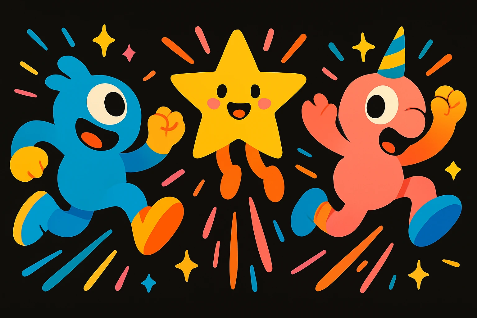 Unify the visual effects across all three mascots: use the same style of colorful motion lines, sparkles, and dynamic accents around each character, matching the playful, energetic, and imaginative vibe for a black website background. Enhance the playful, energetic, and imaginative vibe with consistent colorful motion lines, sparkles, and dynamic accents. emoji