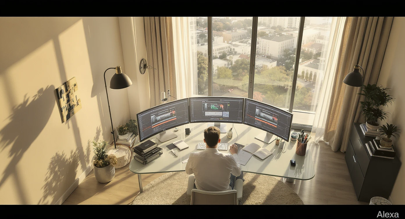 Cinematic shot of a creative director work on tripple display setup PC, top dutch angle, Warm bright vibe, modern clean expensive huge room minimalistic apartament, model is dress like designer, morning, big window, advertising vibe, captured on arri alexa emoji