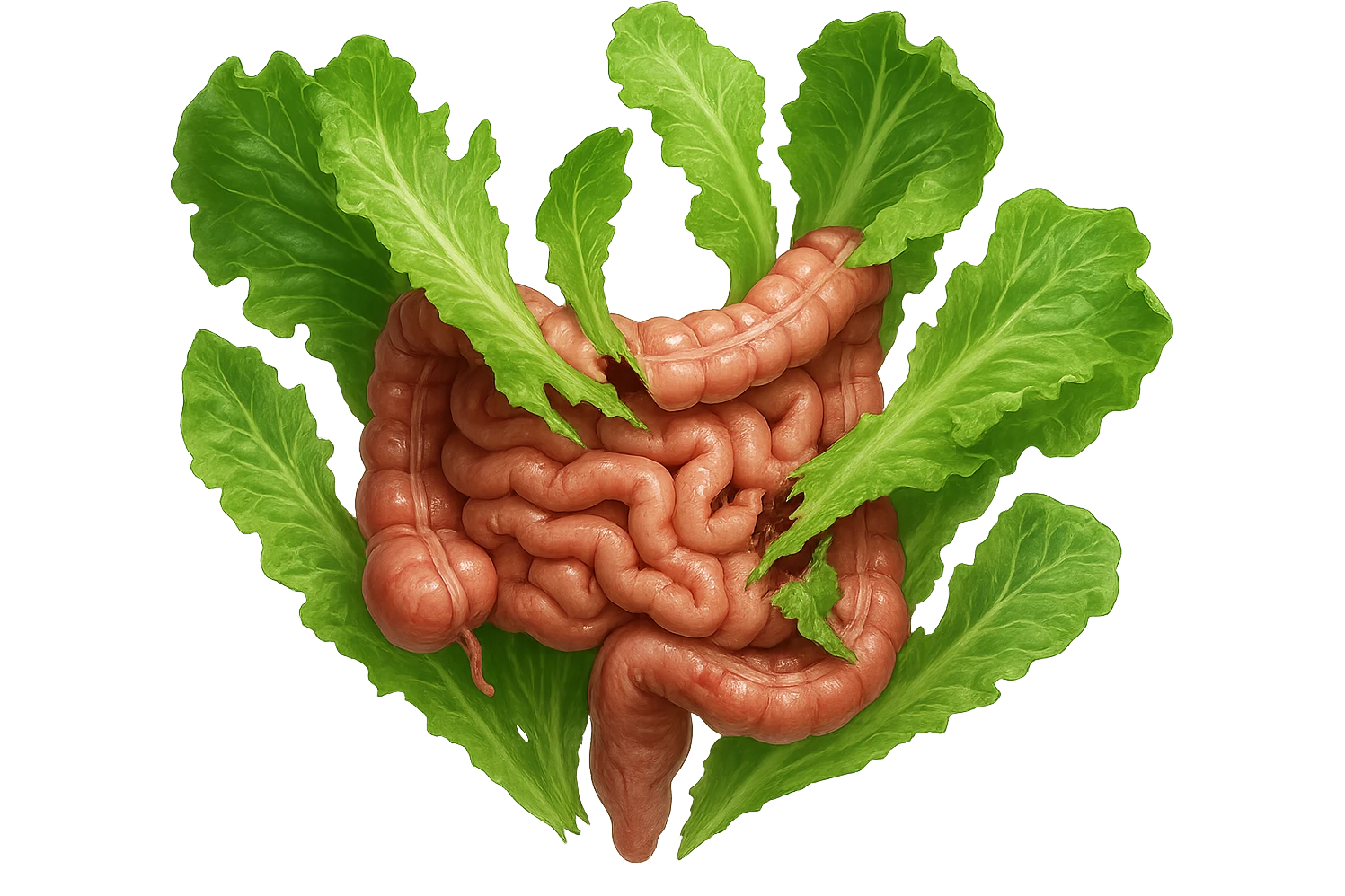 foglie di insalata che attaccano un intestino anatomico umano per distruggerlo, iperrealistico emoji