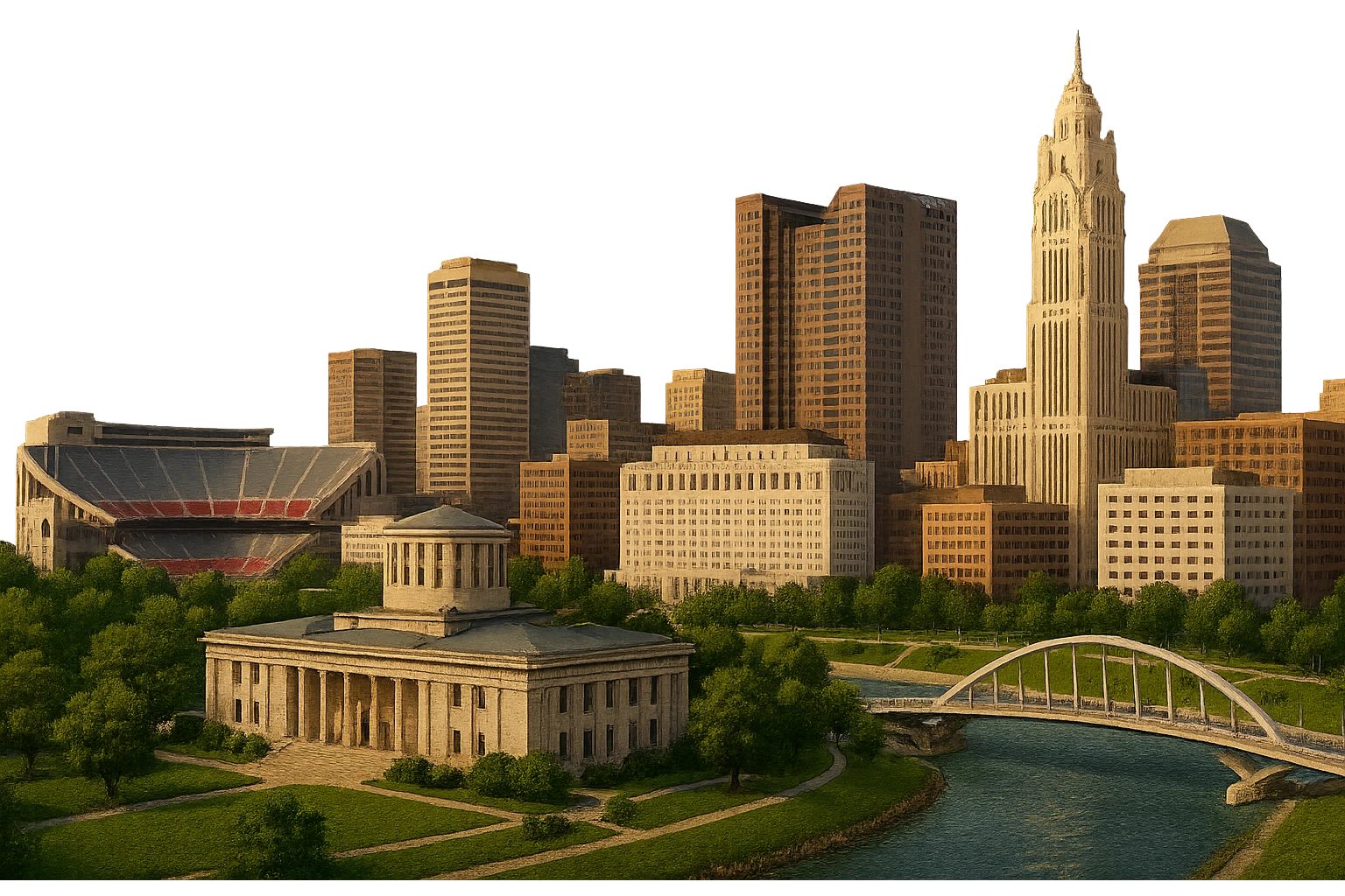cinematic realistic emoji of Columbus Ohio wide city view with iconic landmarks Ohio Statehouse Ohio Stadium LeVeque Tower Scioto Mile lifelike detail accurate colors bright daytime lighting no sky no clouds no city name label emoji
