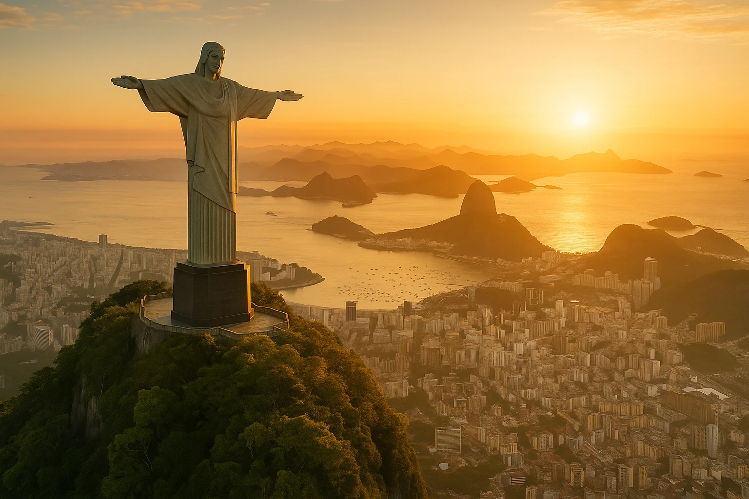 Christ the Redeemer statue on Corcovado, sunrise, lush greenery, panoramic view emoji
