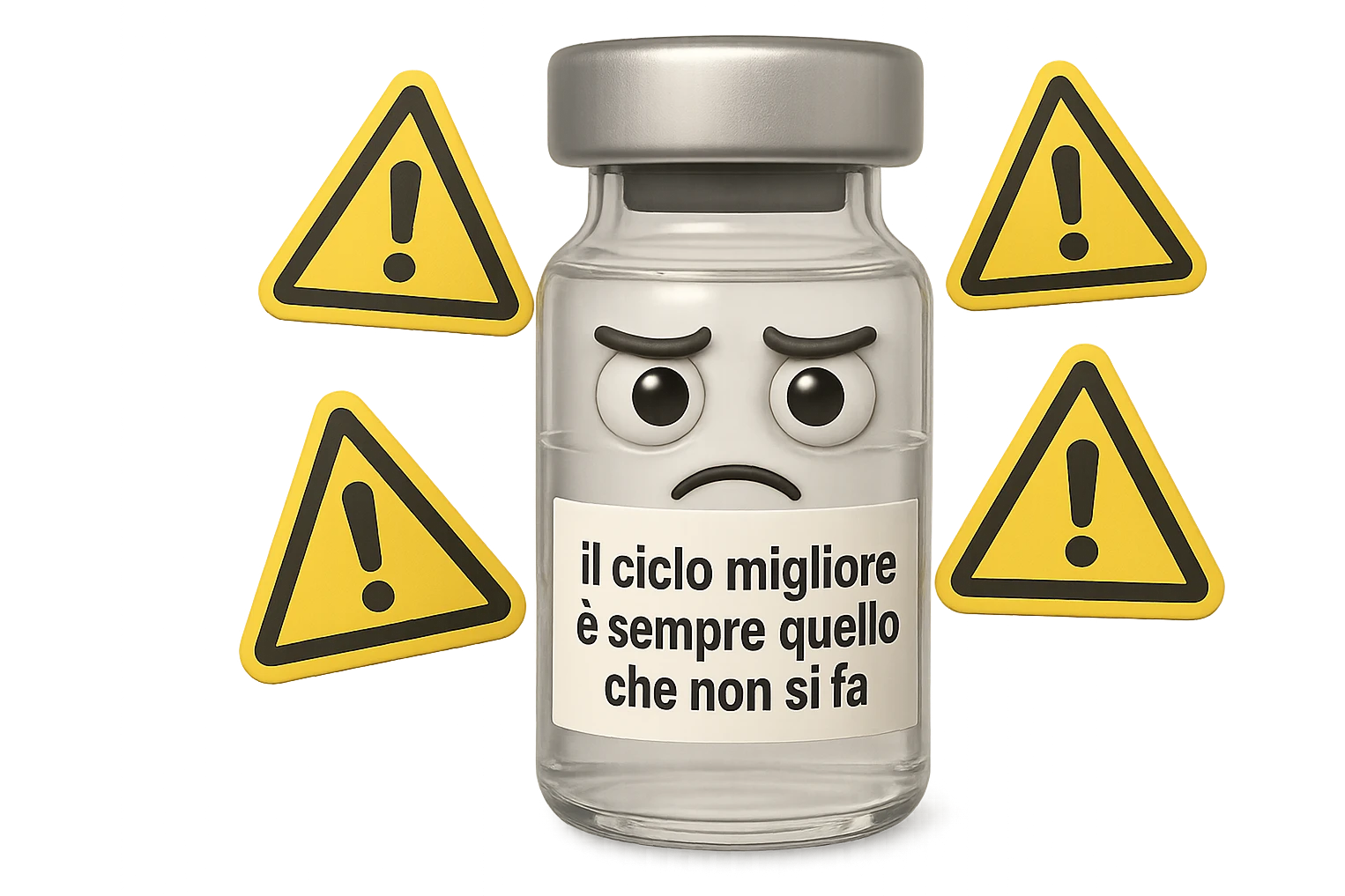 SU QUESTO STILE FAI UN EMOJI STILE IPHONE 3D DI UNa boccetta di fiala medica attorno alla quale fluttuano segnali di pericolo, sull'etichetta della boccetta c'è scritto "il ciclo migliore è sempre quello che non si fa", FALLO MOLTO REALISTICO IN 3D emoji