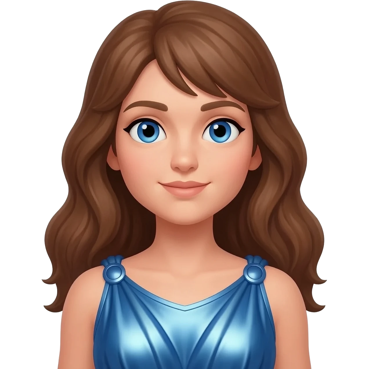 Juno from Roman Mythology with blue eyes, long brown hair, blue metallic peplos emoji