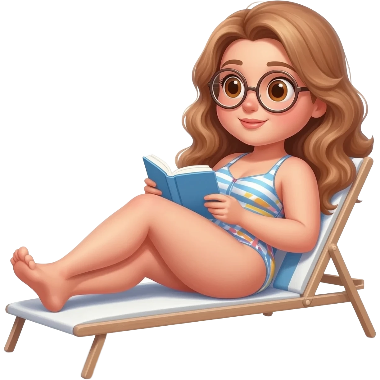 detailed emoji illustration of a curvy woman with long light brown wavy hair and light brown eyes wearing round glasses, relaxing on a lounge chair in a swimsuit while reading a book, sunny summer atmosphere, emoji style emoji