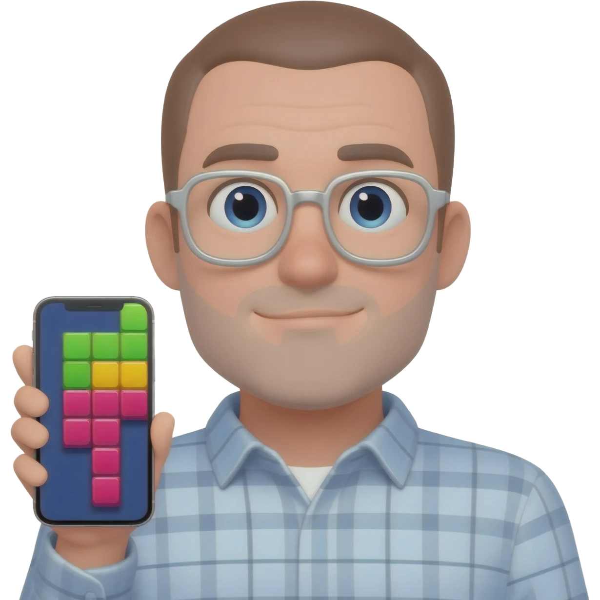 A man in glasses holding iphone with screen tile-matching game emoji