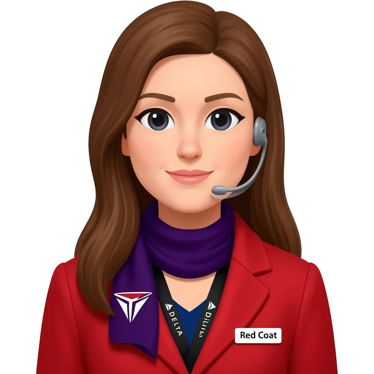 A Delta Air Lines Customer Service Agent - name tag: Red Coat - light skin, long brown hair, black lanyard with the Delta Air line name - and a dark purple thin scarf around the neck with the delta air line logo emoji