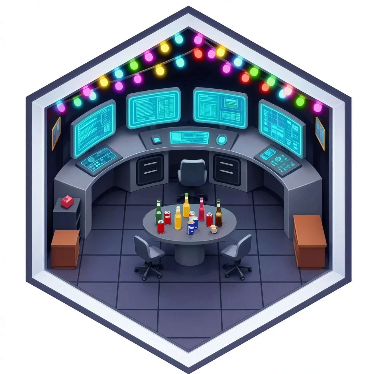 the United States pentagon turned into a war room/party pad with beer cans a liquor bottles, war room with a computer command center and party lights emoji