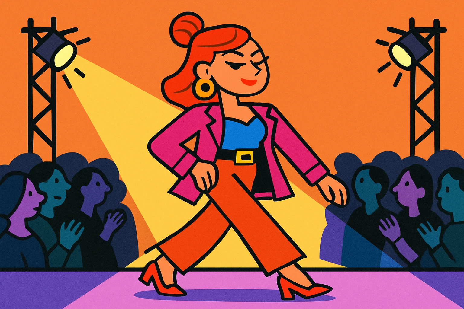stylized cartoon woman strutting on a fashion runway, horizontal layout, spotlight, confident expression emoji