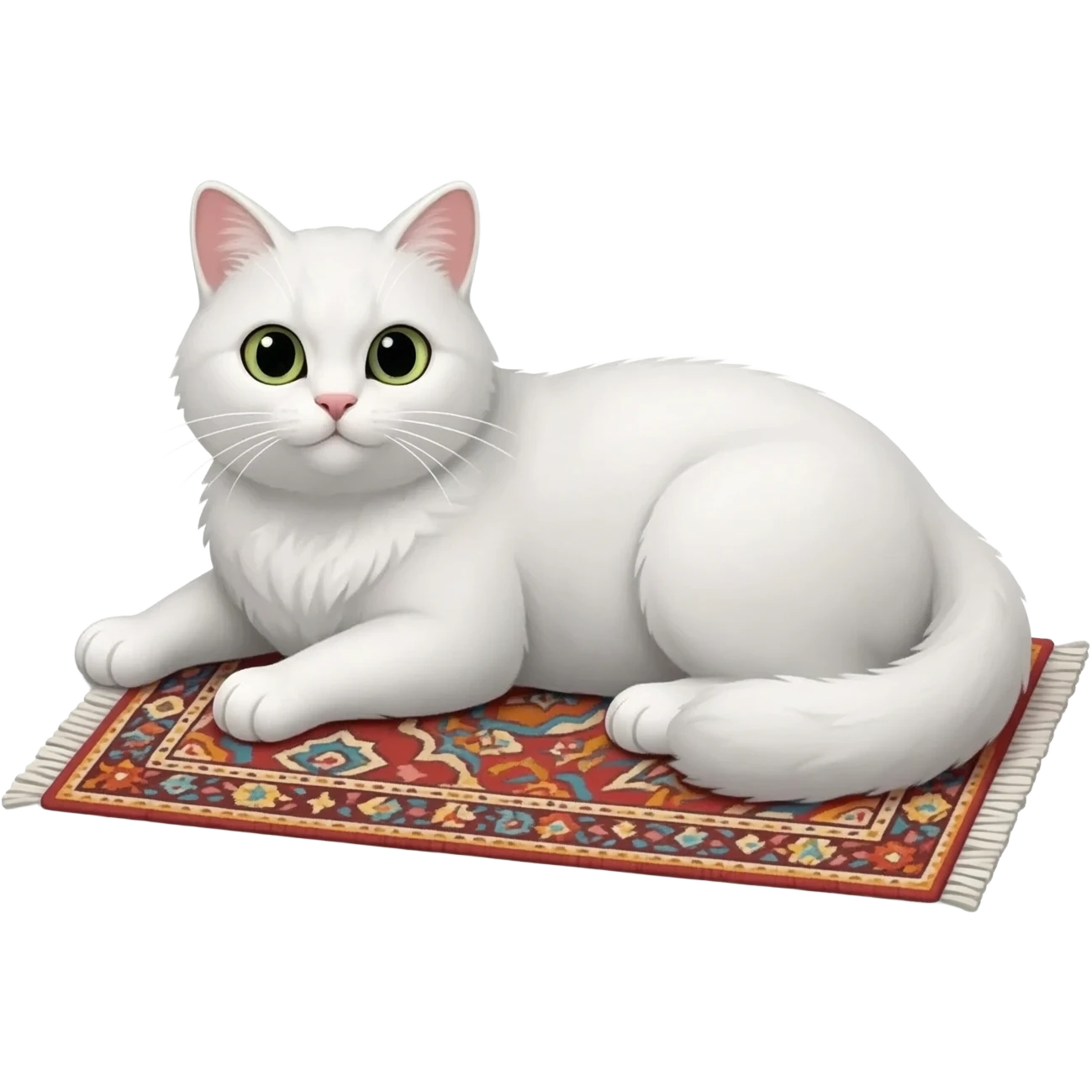 a white cat is lying on the rug emoji