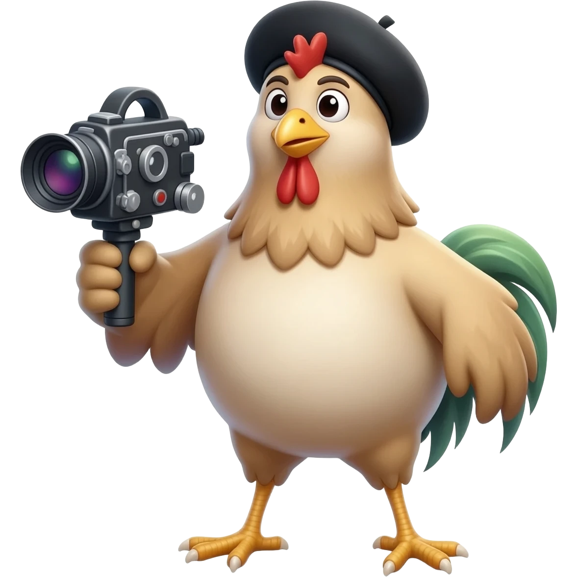 A Chicken holding a movie camera and a black beret emoji