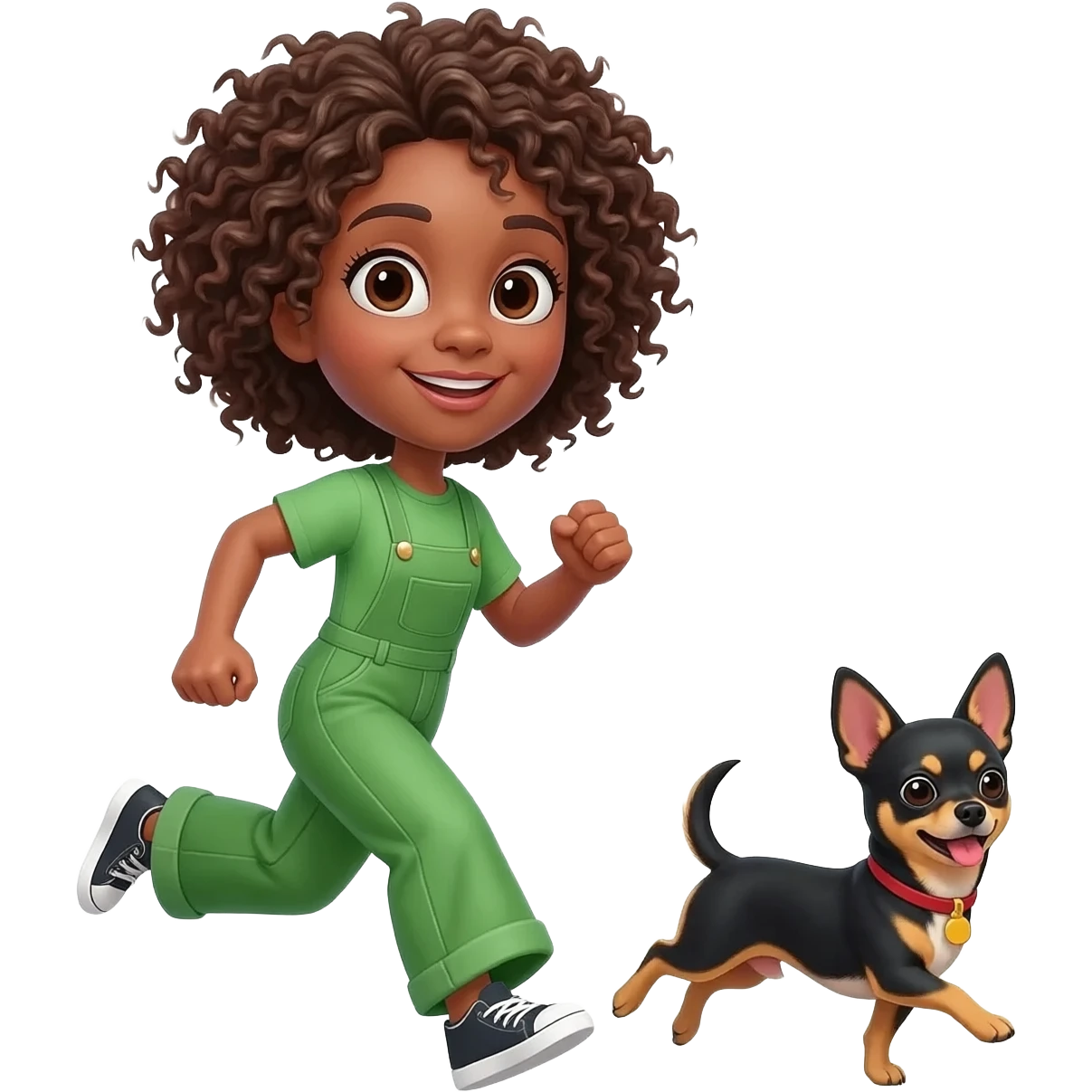 Une fille. Cheveux bouclée. Porte à maillot. Vert. Avec un chihuahua noir marron poil courut c'est une fille daisy tous les 2. Avec sa maîtresse avec. Et moi mmatichienne emoji