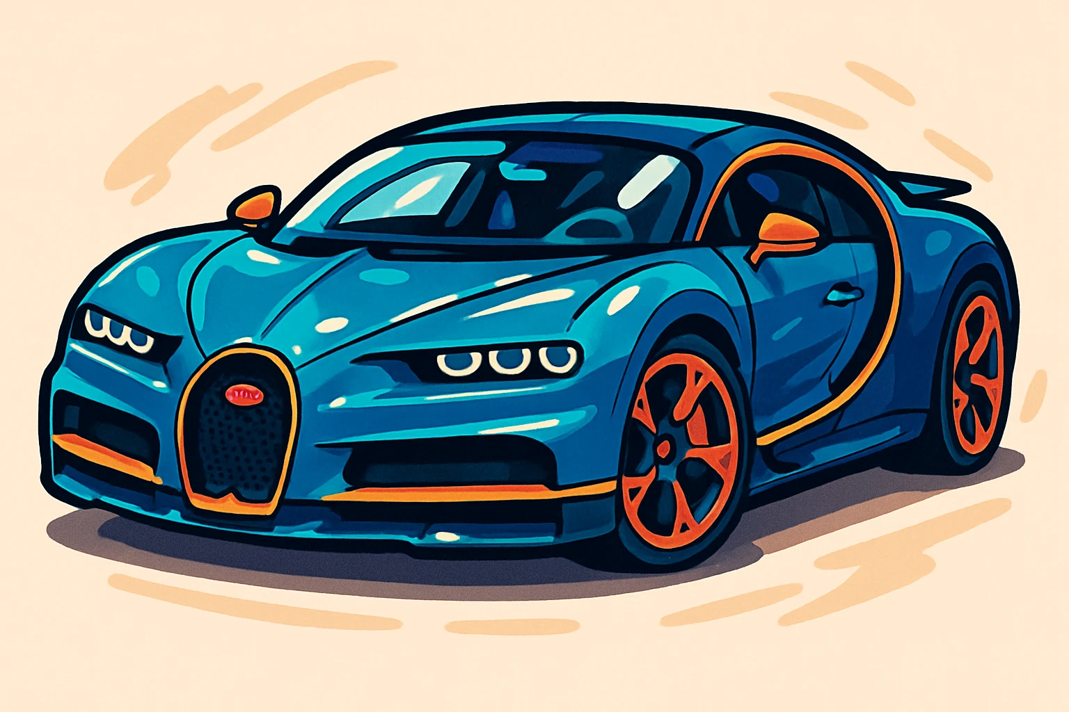 Bugatti Chiron, cartoon style, three-quarter angle, dynamic, glossy, whimsical emoji