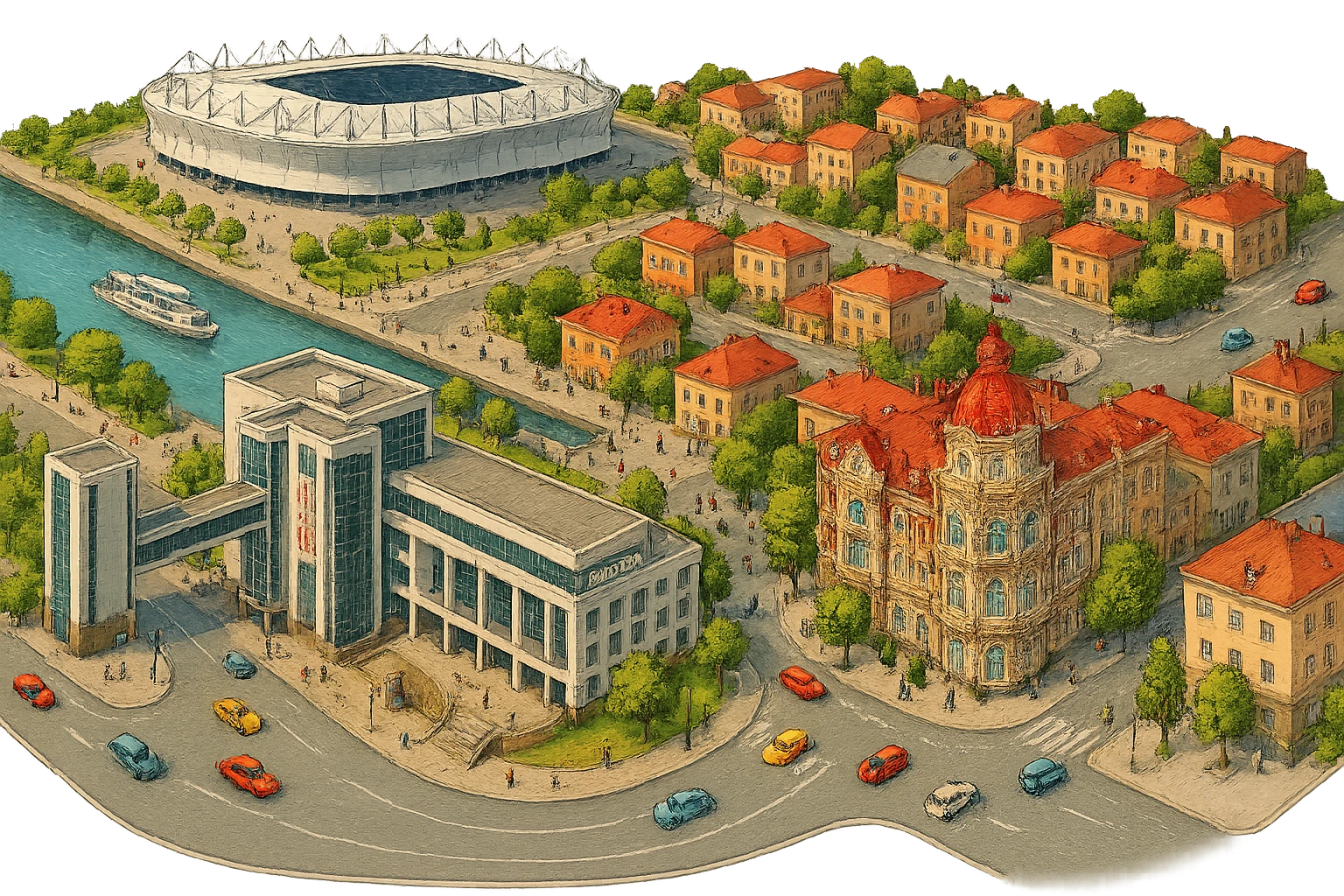 Изометричная чёткая миниатюрная фотореалистичная 3D модель панорамы Ростова-на-Дону — фотореалистичное Здание городской думы Ростова-на-Дону (Городской дом), Ростов-Арена, Ростовский театр драмы имени Горького, набережная Дона, люди, несколько типичных ростовских домов, автотранспорт. Вид сверху в изометрии, яркие цвета, мультяшная рисованная реалистичность, прозрачный фон, компактная композиция. emoji
