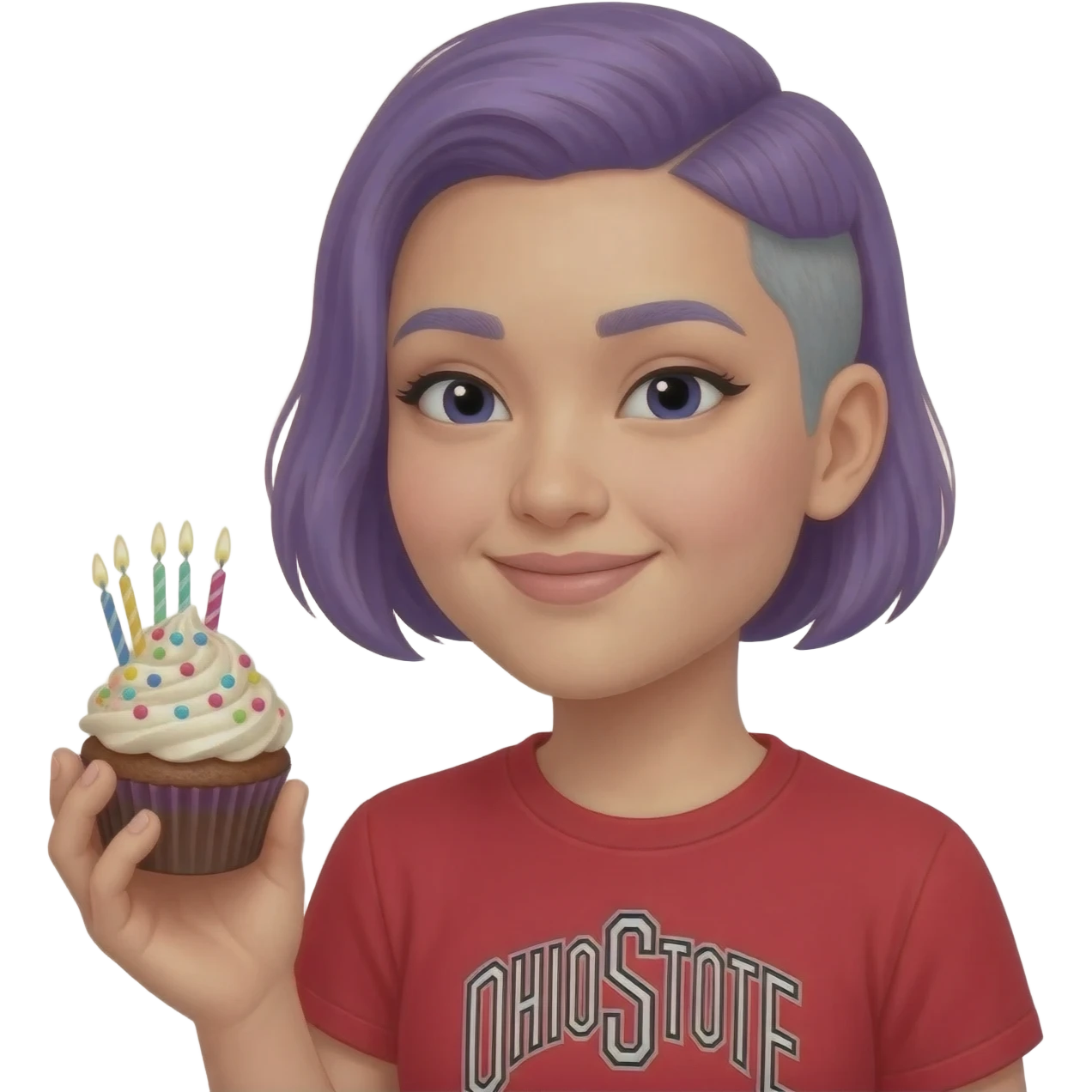 jewish asian woman with short shaved on one side purple and gray hair in ohio state shirt holding cupcake with a birthday cancle emoji