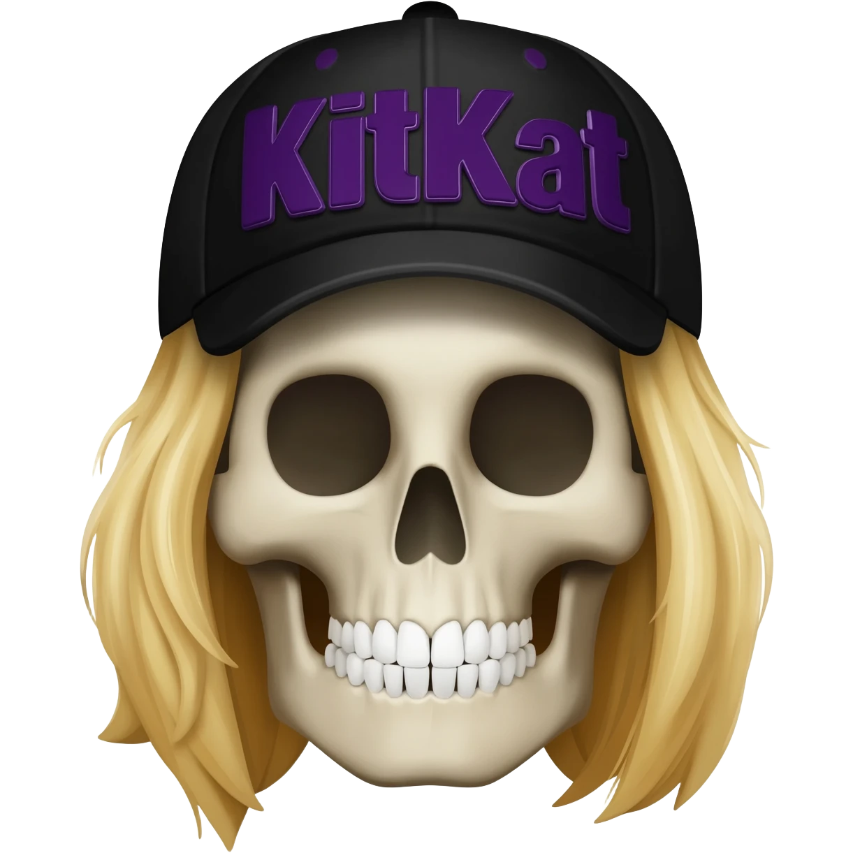 Create a skeleton head wearing a black baseball cap that says "Kit Kat" in dark purple lettering, with long blonde hair emoji
