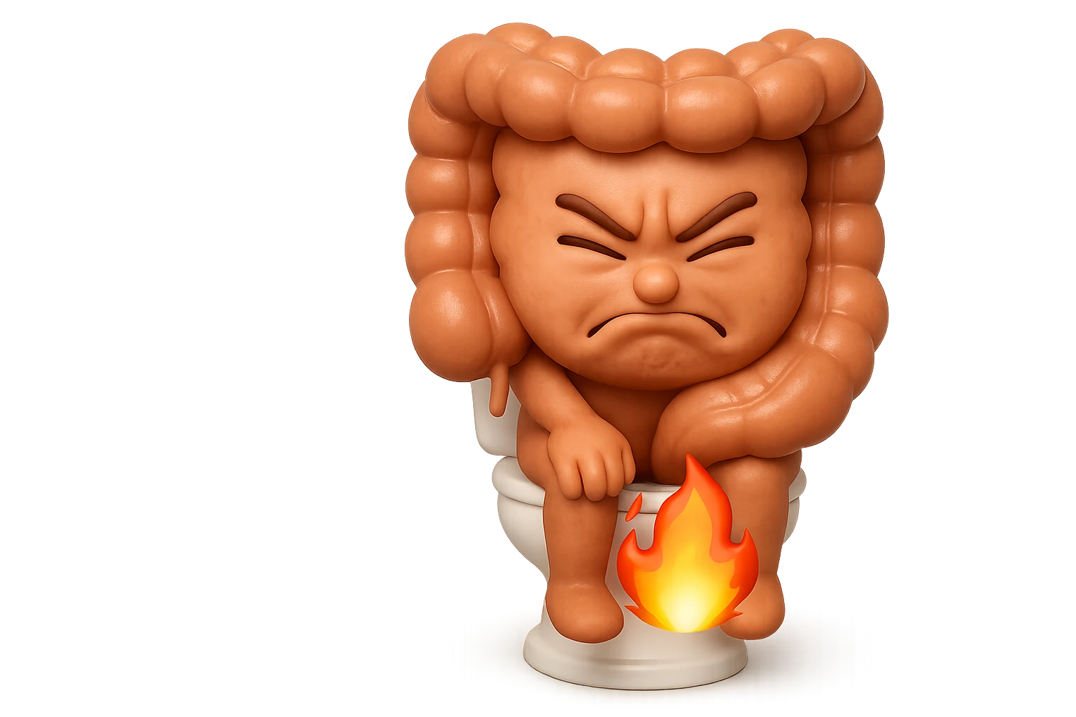 SU QUESTO STILE FAI UN EMOJI STILE IPHONE 3D DI UN INTESTINO CHE sta seduto sul wc e dal wc in mezzo alle sue gambe esce una fiamma stile emoji iphone, FAGLI UN ESPRESSIONE di dolore mentre si sforza E FALLO MOLTO REALISTICO IN 3D emoji