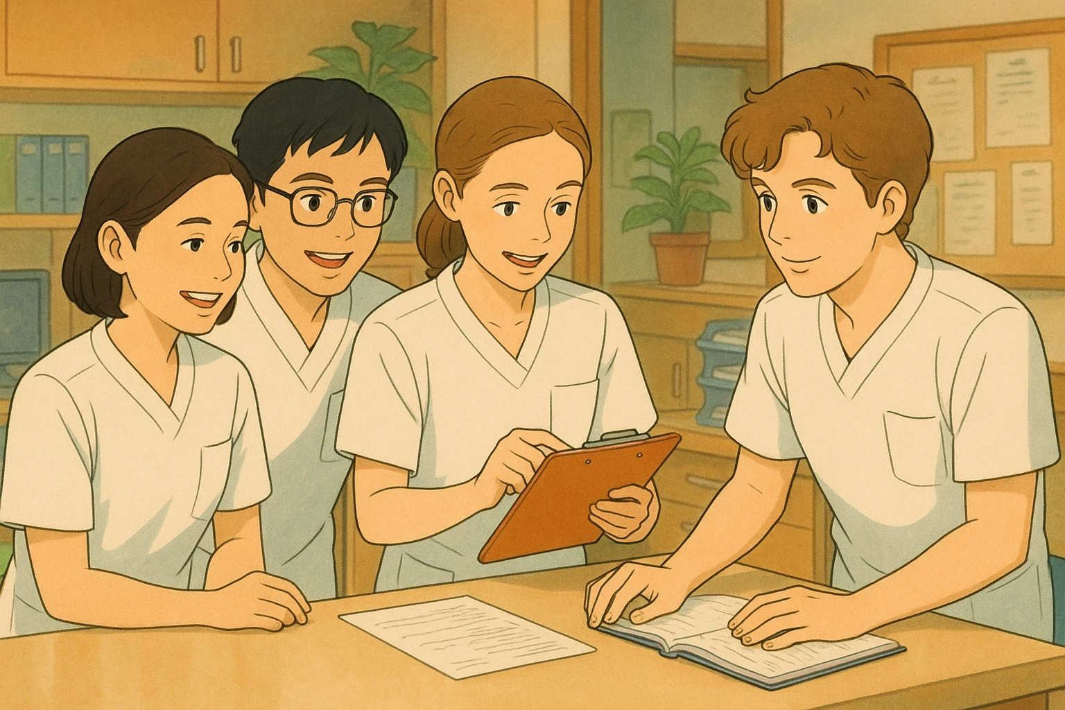 Quatre étudiants infirmiers en pleine collaboration et interaction dans un poste de soin, ambiance d'équipe chaleureuse, style Ghibli. Tous portent des uniformes blancs à manches courtes, hauts de type tunique médicale avec col en V et poche poitrine à gauche, pas de pied de col, pas de stéthoscopes, rien ne dépasse des manches. Les visages s'inspirent des quatre photos fournies. emoji