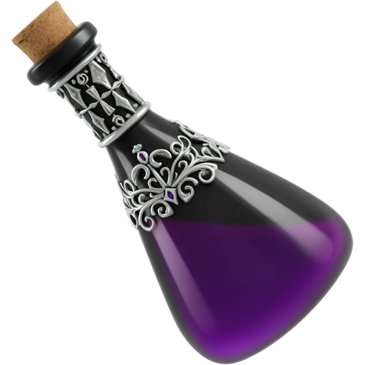 a black potion bottle a little rotated with a cork and decoration emoji