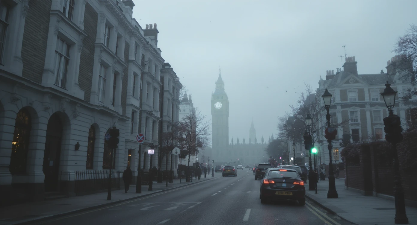 Cinematic shot of a london street, cloudy foggy day, soft light, leading lines to big ben in distance, multi composition, in foreground blurred car, on second street around UK bulding, od another plan in distance big ben, birds flying, artistic look, captured on arri alexa 35 emoji