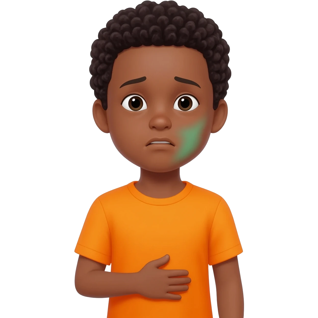 black boy curly hair orange shirt feel sick hand on stomach green face emoji