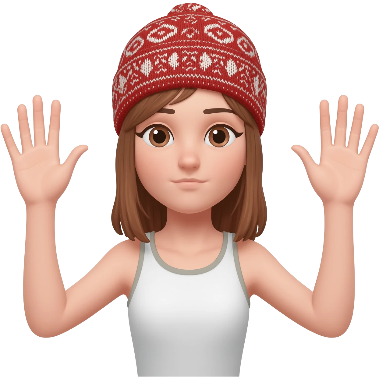 Девушка в косынке с разведёнными в стороны руками, ладони обращены вверх, плечи слегка приподняты - жест не знаю emoji