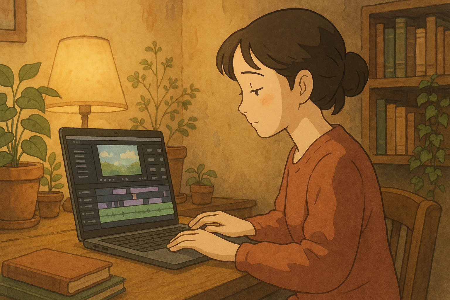 a woman editing a video on a laptop, ghibli-inspired style emoji