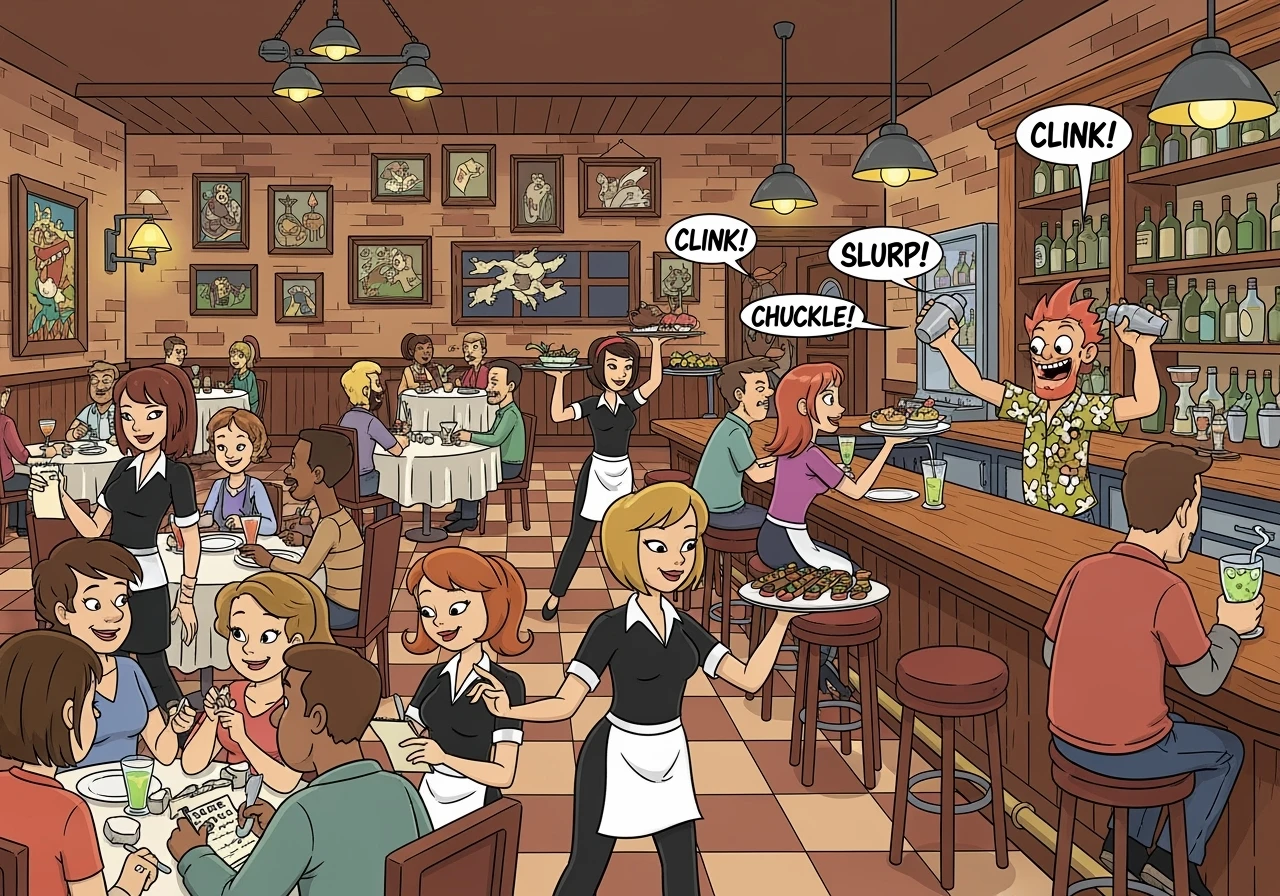 Illustration d'un restaurant avec des clients à table, des serveuses qui prennent les commandes et qui amènent les plats. Un barman sert des cocktails. Ambiance chaleureuse. Style cartoon années 2000. emoji