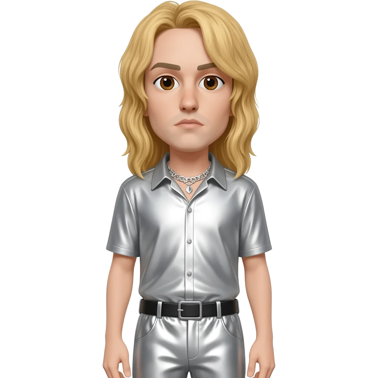 Bill Kaulitz with brown eyes, long blonde hair, silver metallic shirt, silver metallic baggy pants, silver necklace emoji