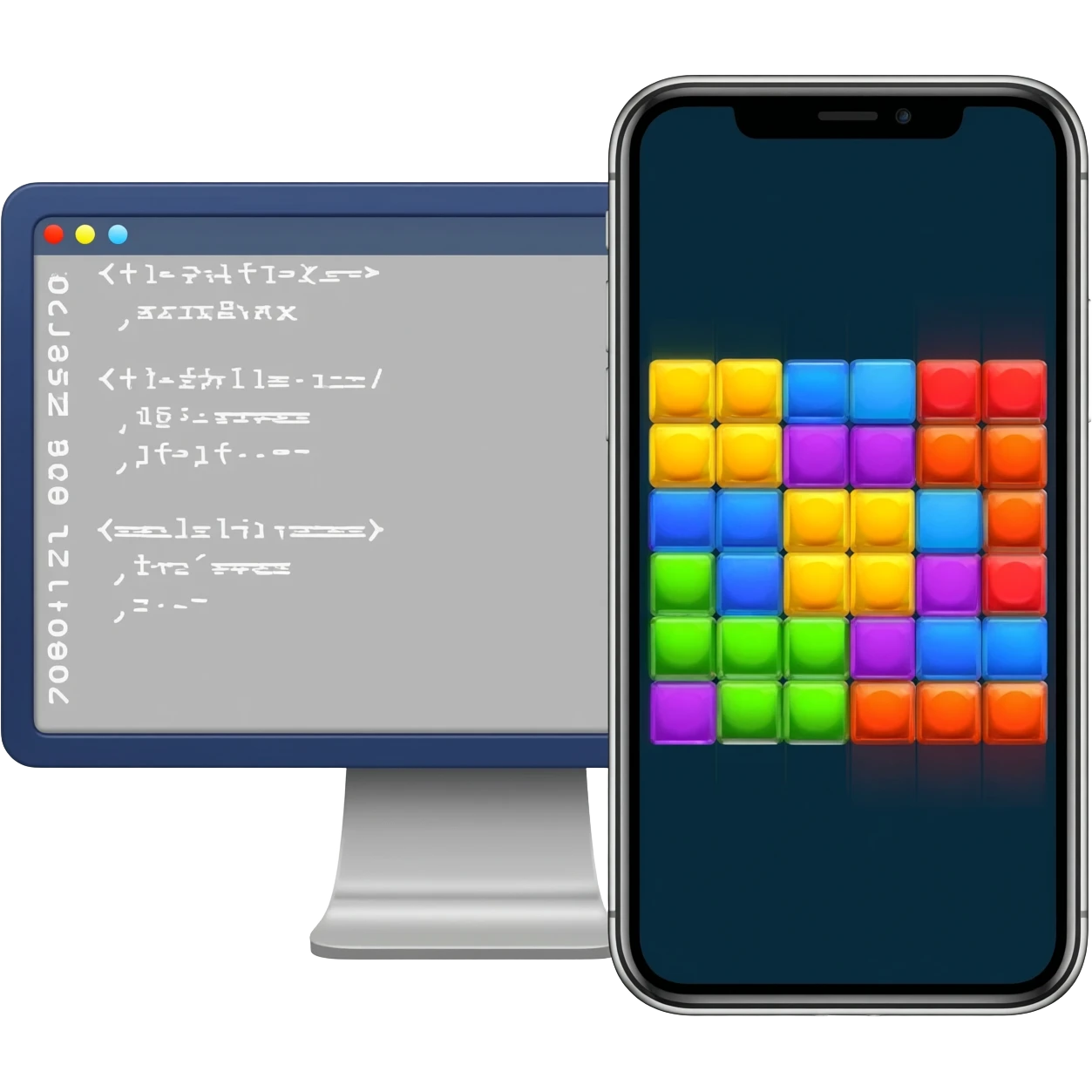 A computer monitor with a simplified code editor interface. In front of it, a mobile phone screen displaying a game with a grid of colorful blocks (match-3 style). emoji