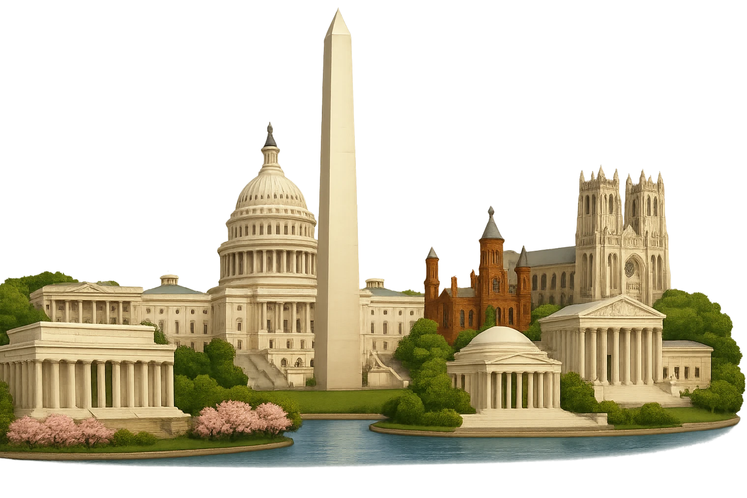 cinematic realistic emoji of Washington DC, panoramic cityscape with US Capitol, Washington Monument, Lincoln Memorial, Jefferson Memorial, White House, Smithsonian Castle, National Cathedral, Supreme Court, Tidal Basin with cherry blossoms. Lifelike detail, accurate colors, bright daylight, no sky, no clouds, no text, transparent background emoji