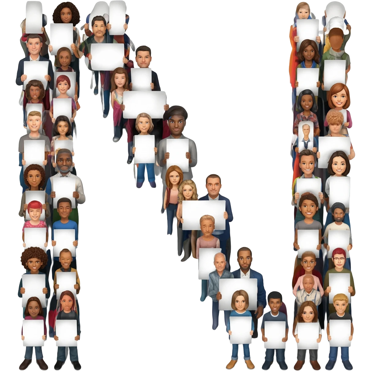 tables’ crowd holding white placards with letters spelling out his initials emoji