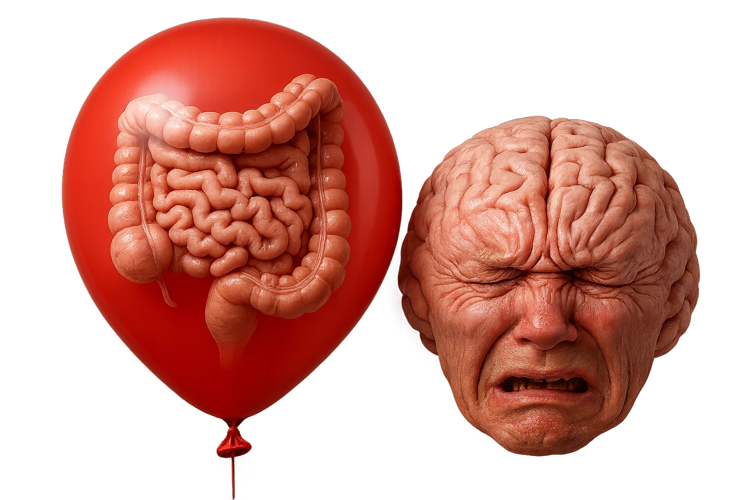 intestino umano anatomico chiuso in un palloncino rosso che simboleggia gonfiore, accanto un cervello stressato, iperrealistico 4k emoji