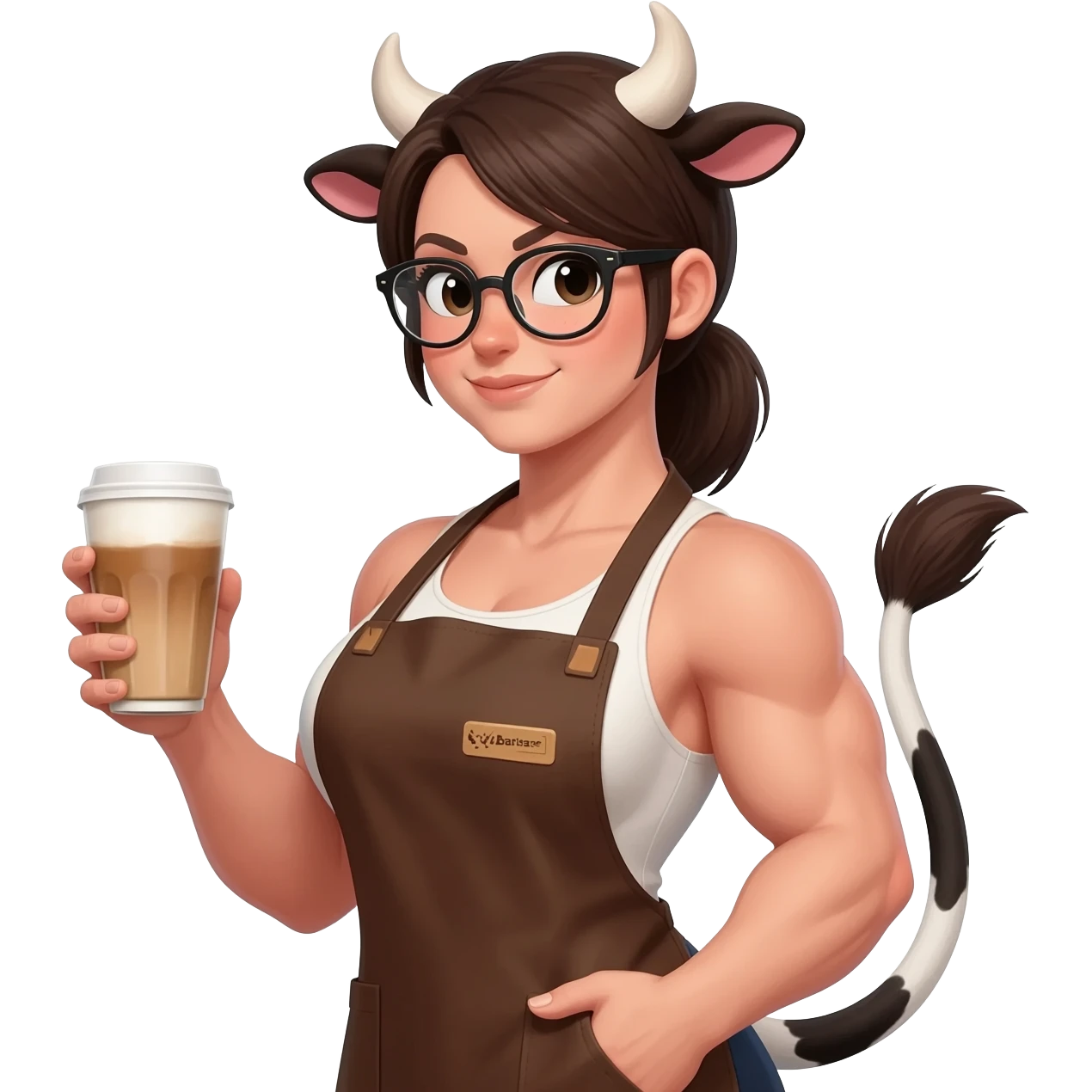 big buff woman in glasses with low ponytail with extra large fat tits with cow ears and cow tail dressed like barista in brown apron with latte in his hand emoji