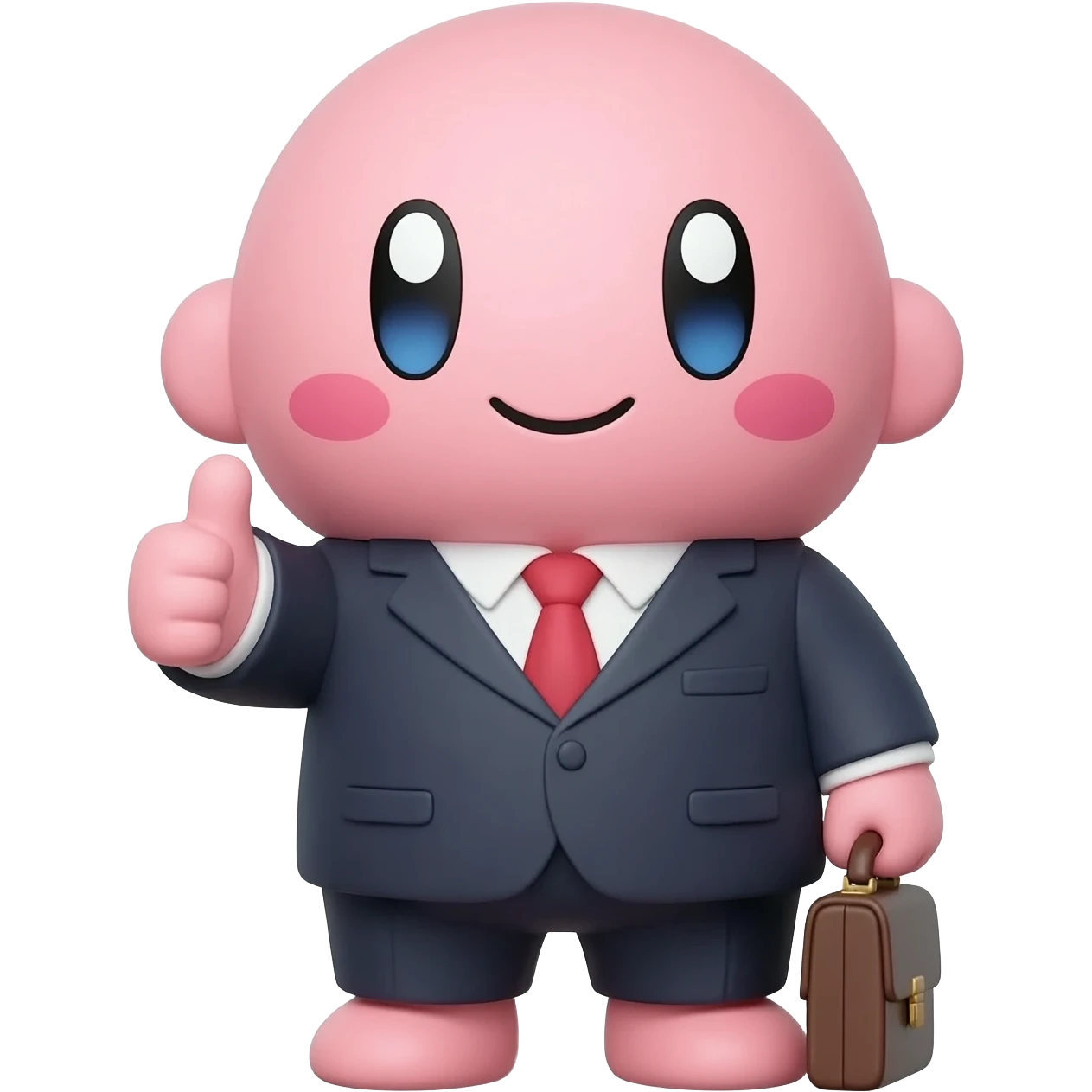 super duper happy excited plush like kirby goving a thumbs up dressed up for business holding a briefcase emoji
