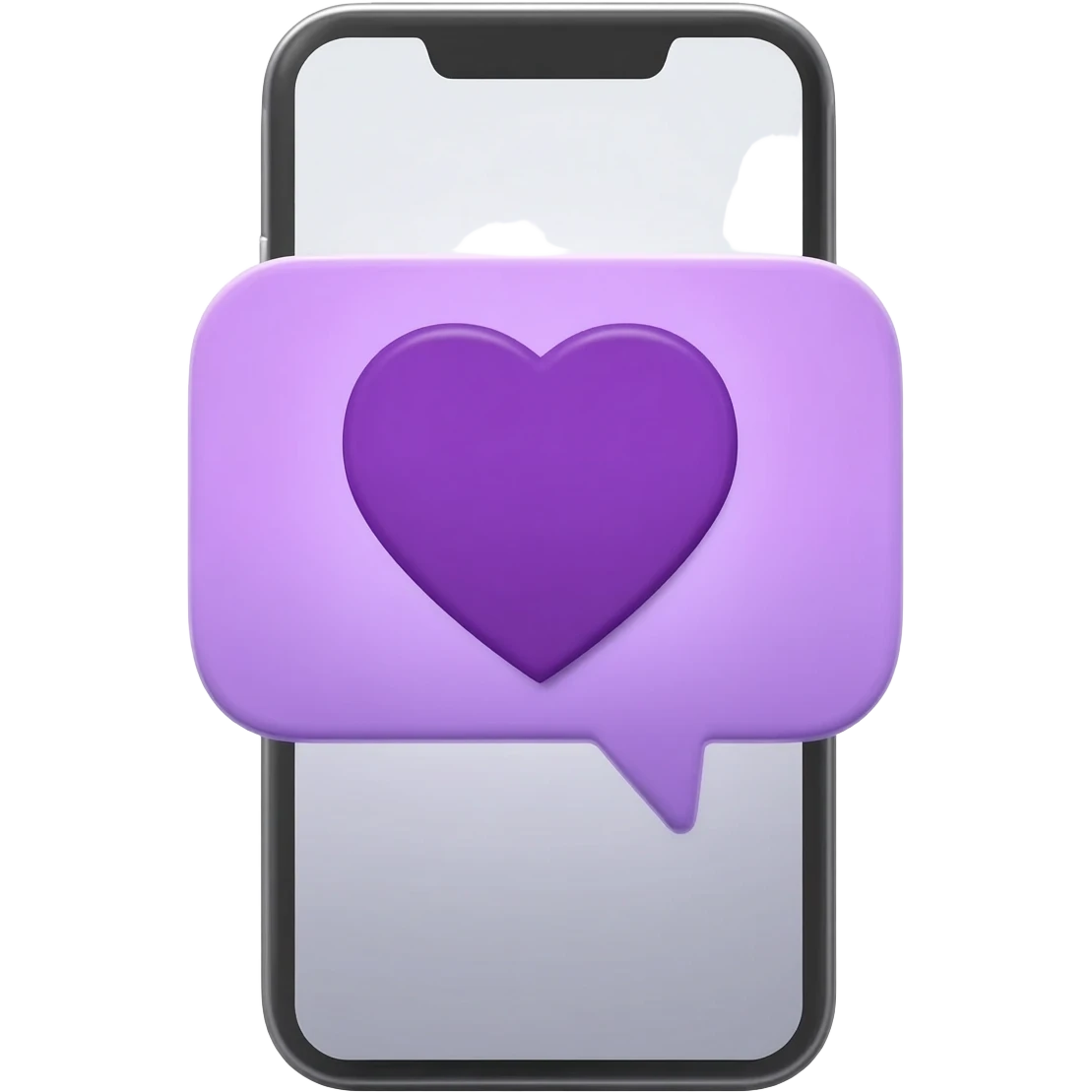 An iPhone with a purple speech bubble emoji containing a purple heart emoji