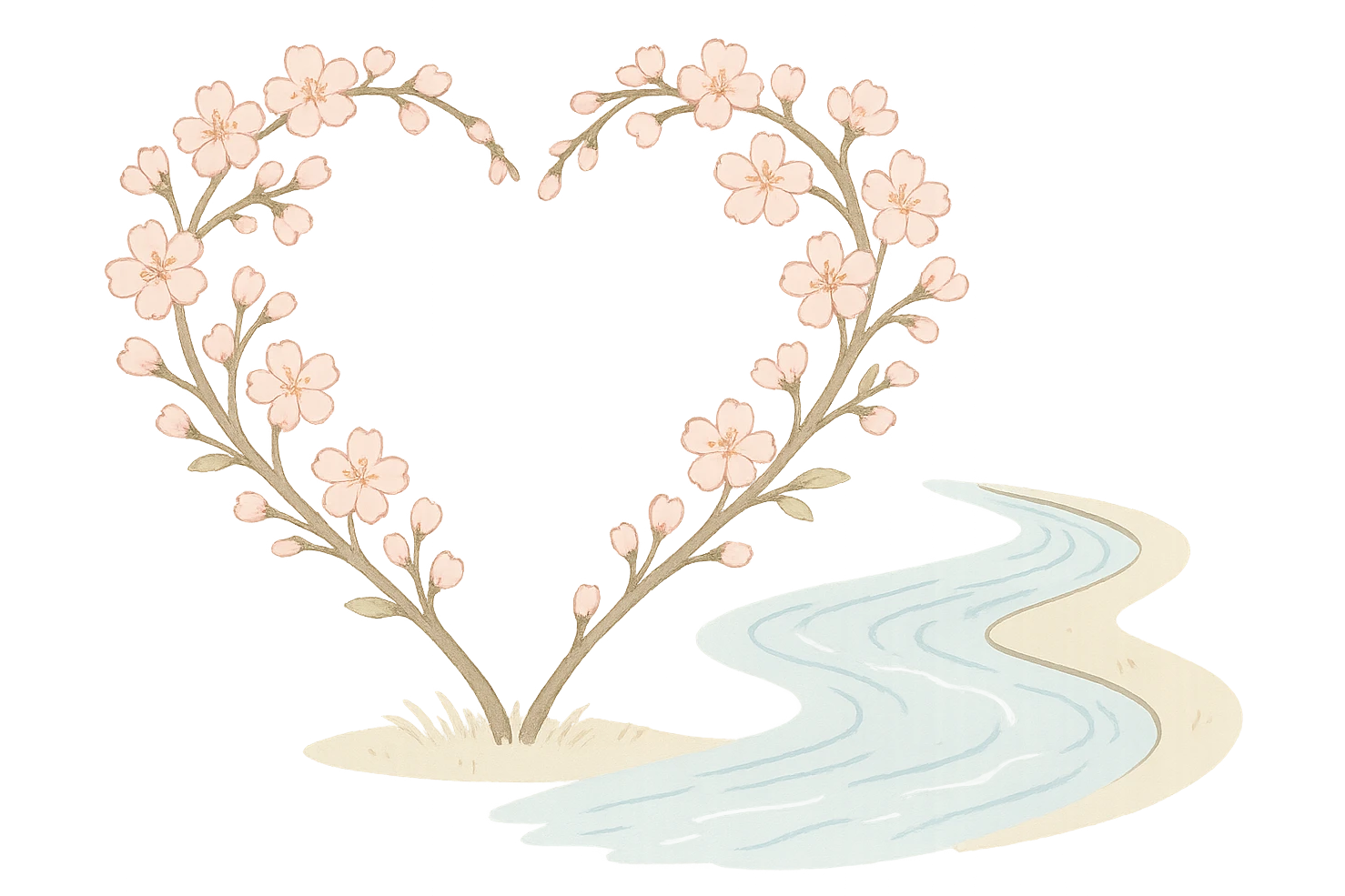 heart with a cherry blossom riverbank, clean digital illustration, no background emoji