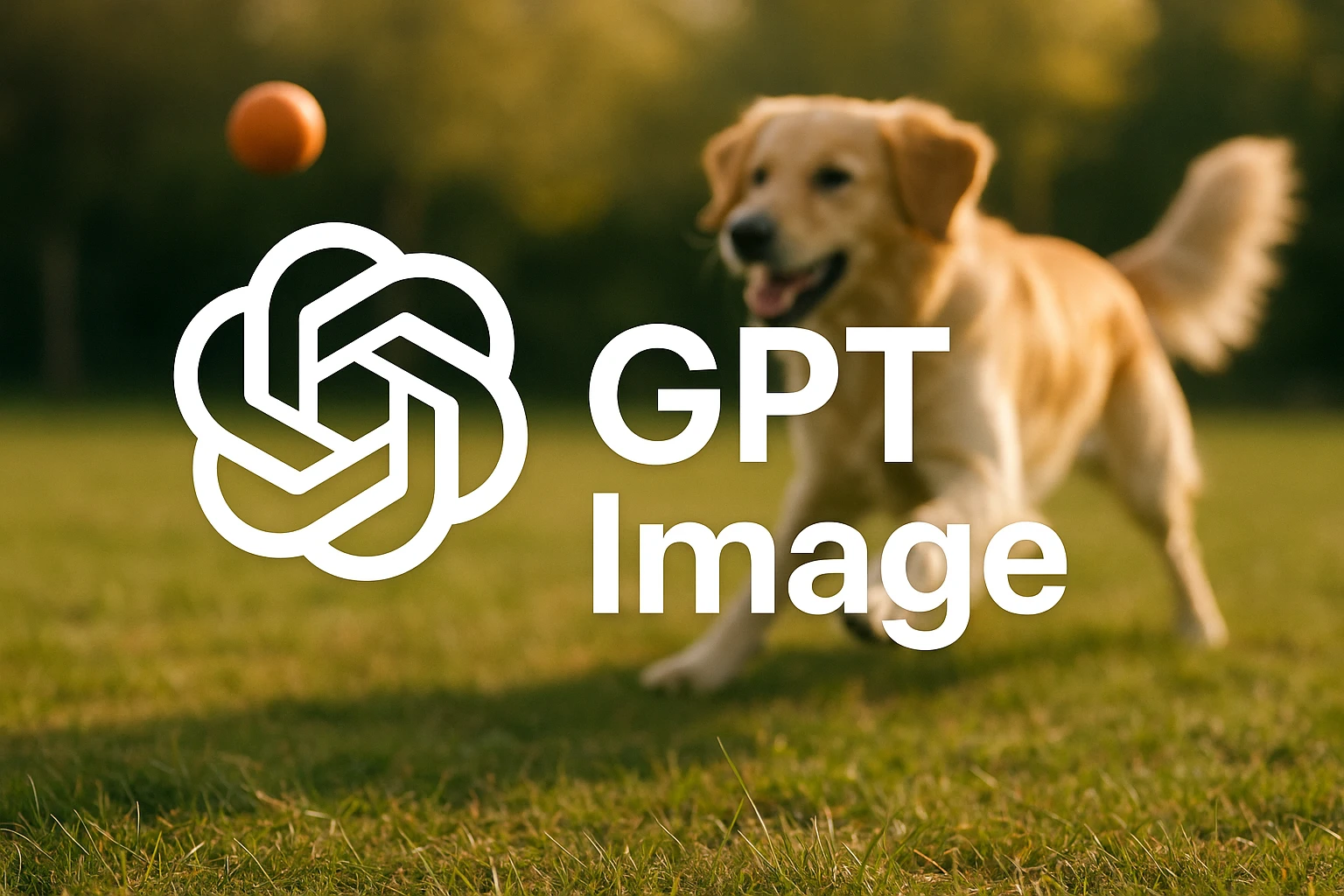 logo of chat gpt with text "GPT Image" on the background of a dog chasing ball, realistic image emoji