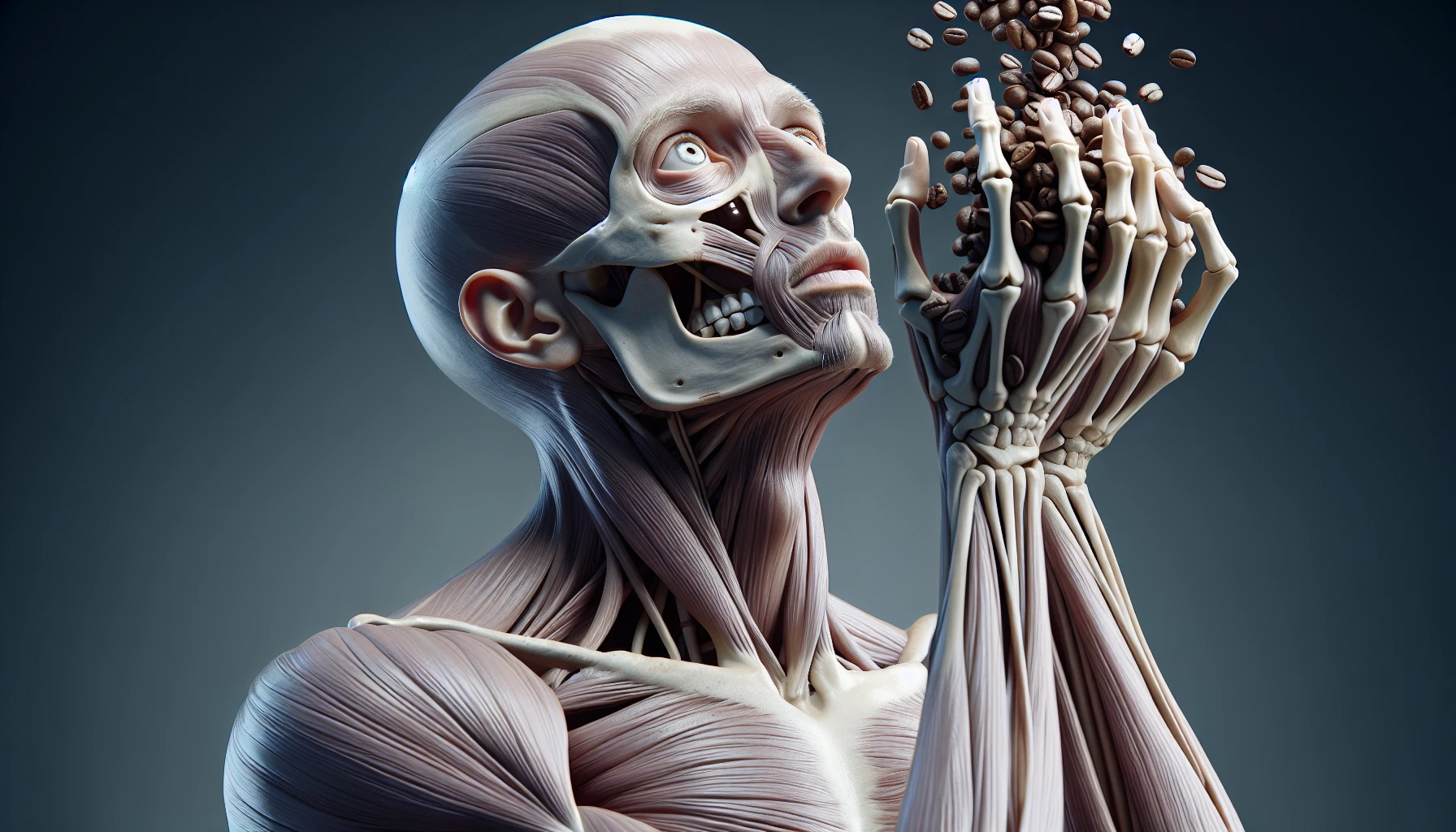 corpo umano anatomico che tiene in mano una manciata di chicchi di caffè e la guarda come se fosse dipendente da essa, stralunato, iperrealistico 4k emoji
