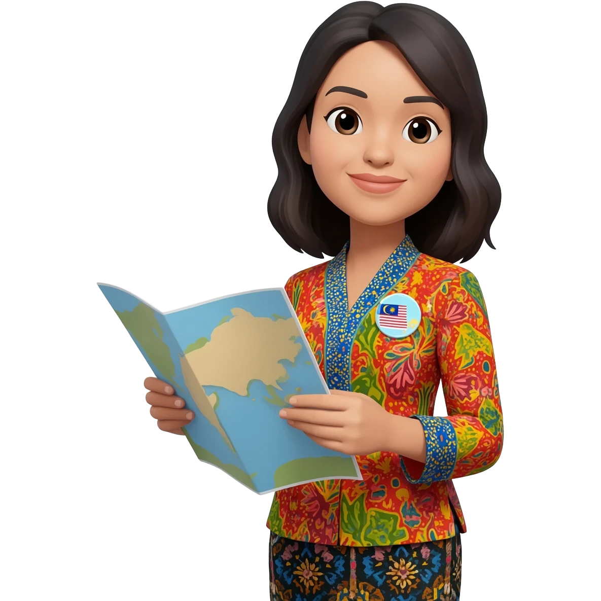 Female Malaysian Tourist Guide with Badge, Batik Clothes & hold a Map emoji