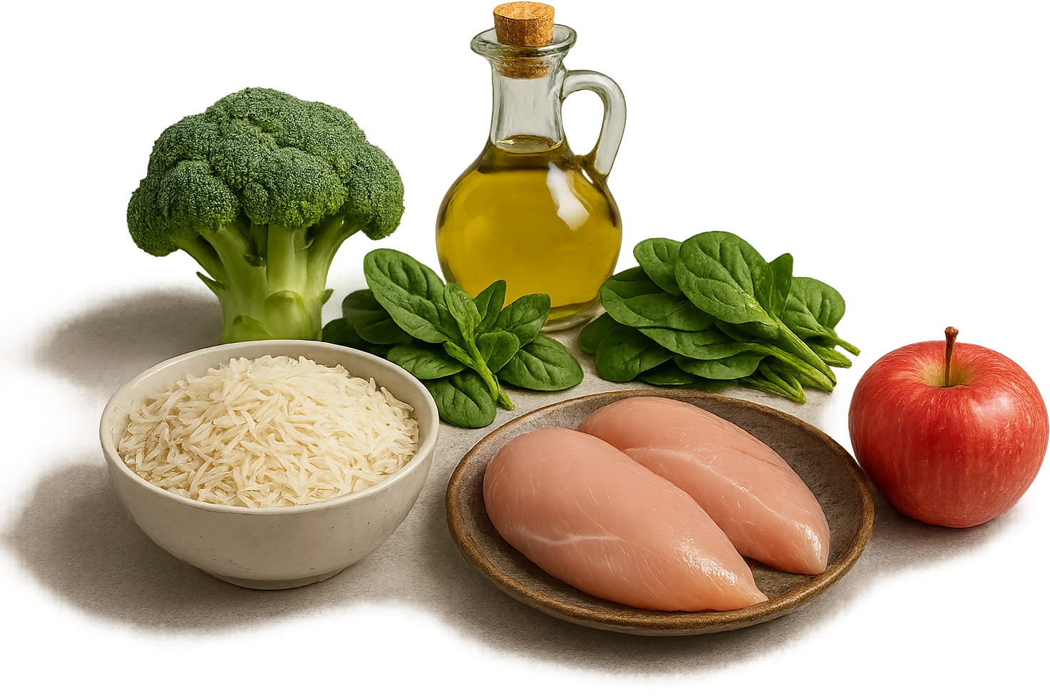 Riso basmati
Petto di pollo
Verdura fibrosa verde
Olio EVO
Mela
poggiati sul tavolo emoji