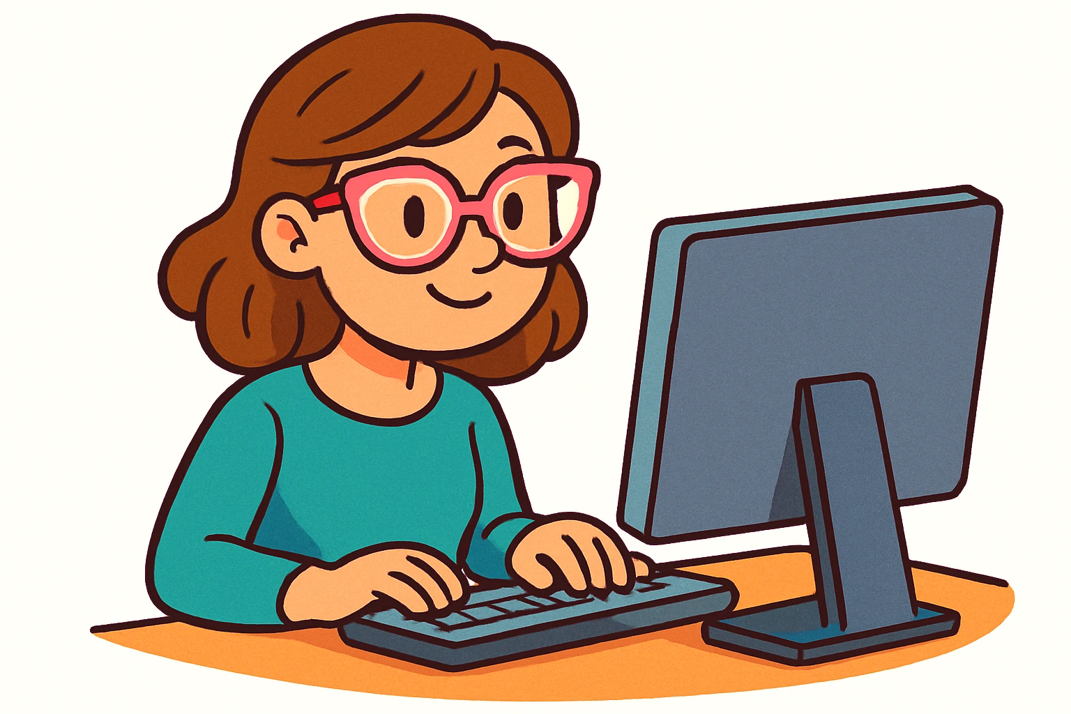 woman with light pink glasses working on computer, light skin, brown hair, colorful cartoon style, white background emoji
