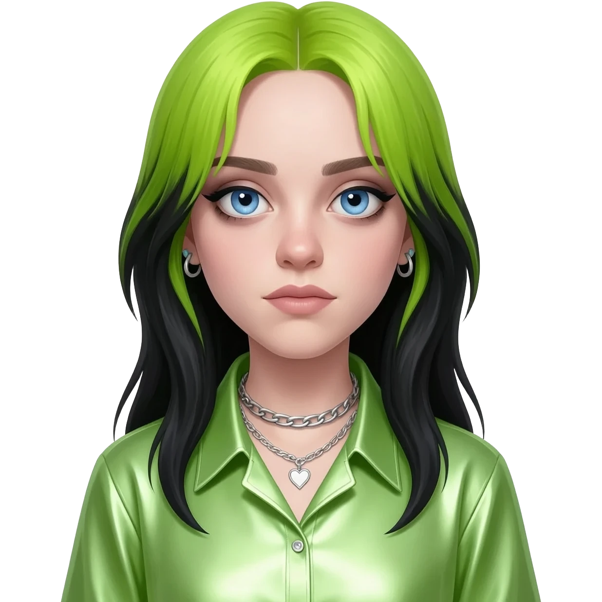 Billie Eilish with blue eyes, long lime green and black hair, light green metallic sweetheart shirt, silver necklace and short earrings emoji