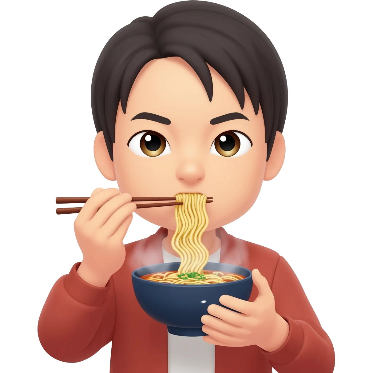 Japanese with slanted eyes eating noodles emoji