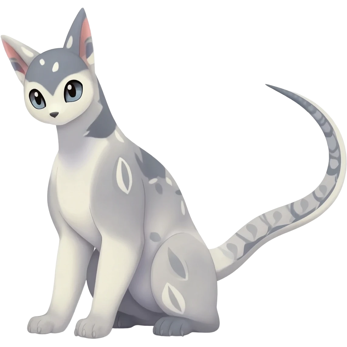 Cute realistic albino Minccino-Lykoi-Emolga-Pachirisu-Zangoose-fusion-hybrid-animal-Fakémon-creature, full body, thin long sleek scaly tail, intricate markings emoji