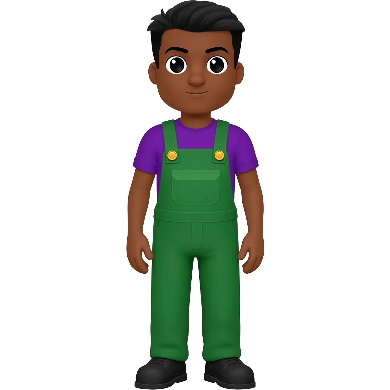 Cartoon black male around face green overall two gold buttons and purple shirt and black shoes black hair full body emoji