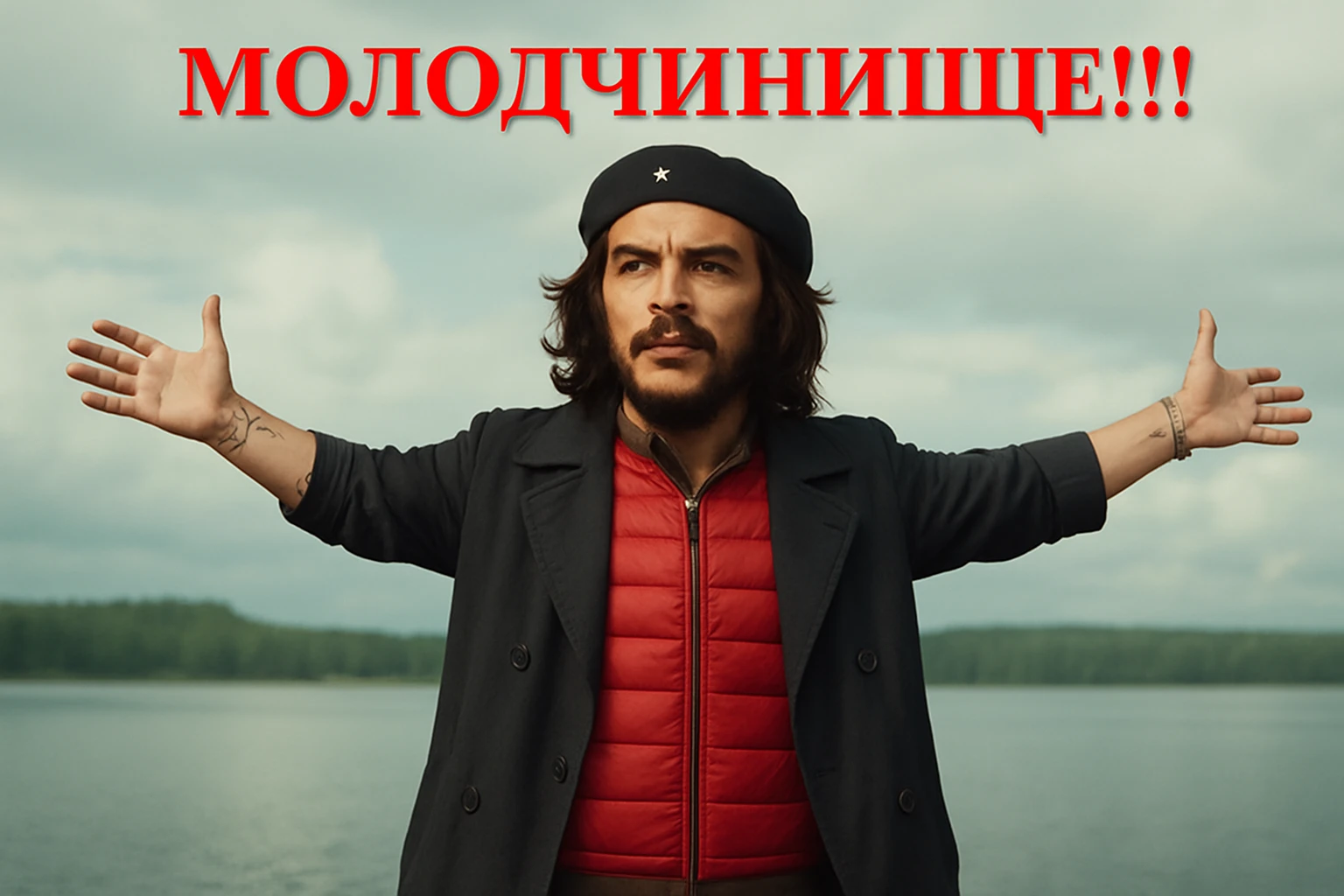 Сгенерируй мне в такой же позе и в такой же одежде Че Гевара (как на 2 фото). Сохраняй нормальные пропорции тела, голова не должна быть слишком большой, все должно смотреться гармонично и реалистично  emoji